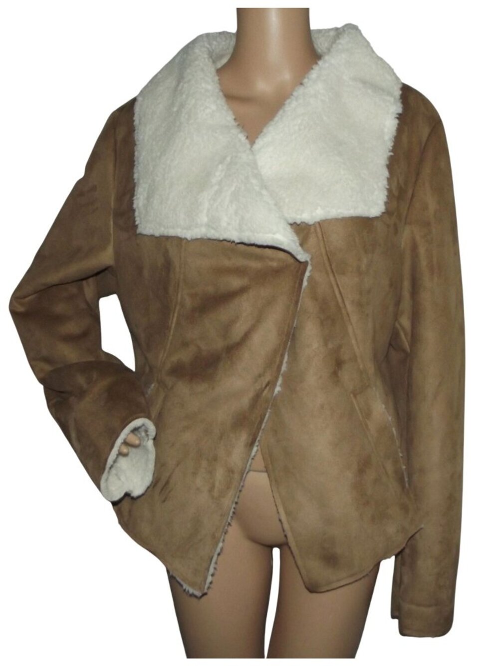Guess Jacket Womens XL Camel Tan Faux Suede Sherpa V-Neck snaps coat